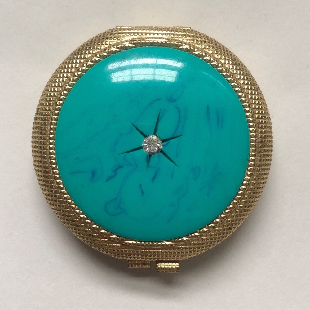 Vintage Revlon Love Pat Mirrored Turquoise Gold Rhinestone Compact